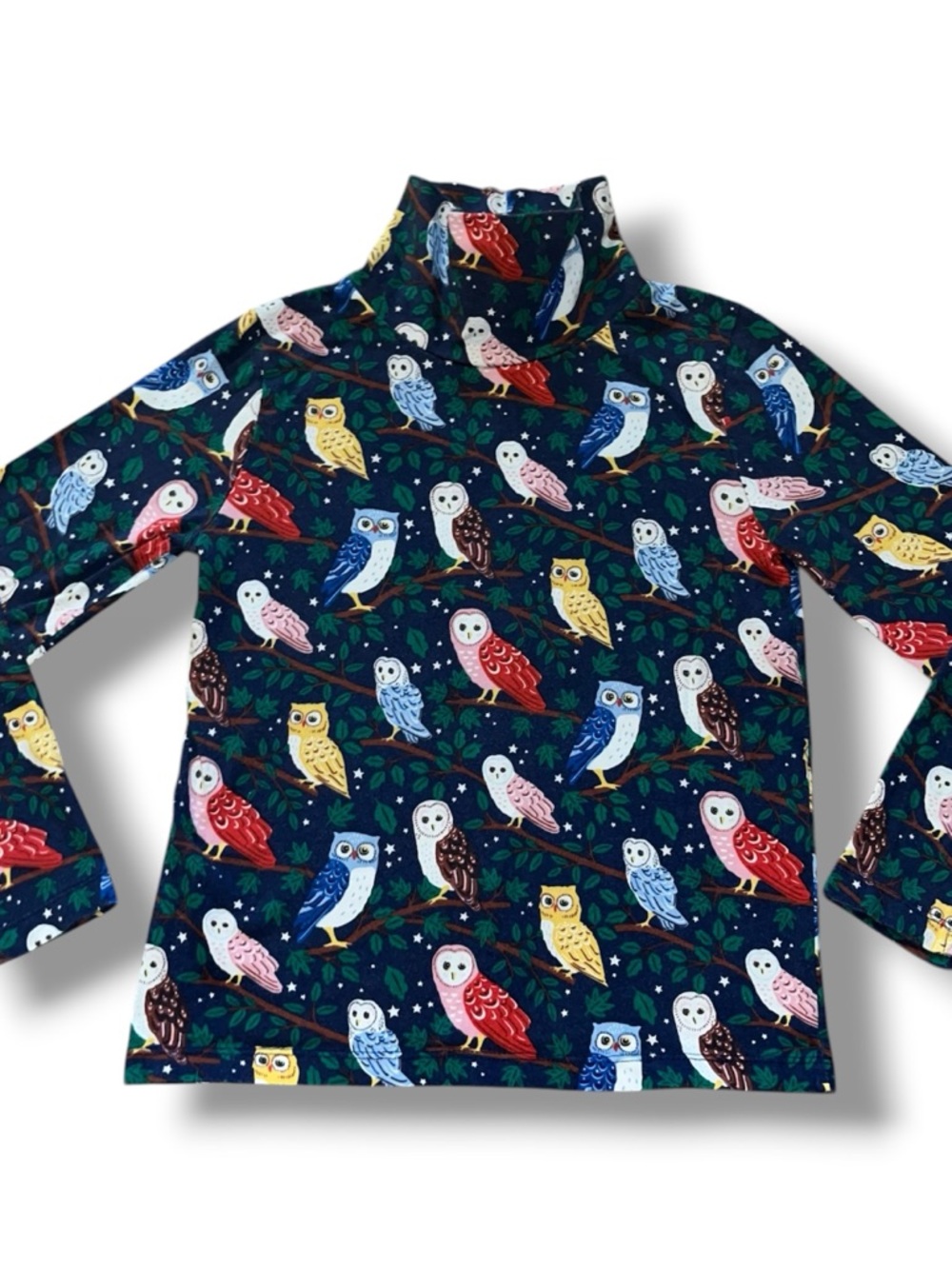 Mini Boden Girls Owl Print Turtleneck Top Navy Blue Stars 8-9Y 134cm G2389